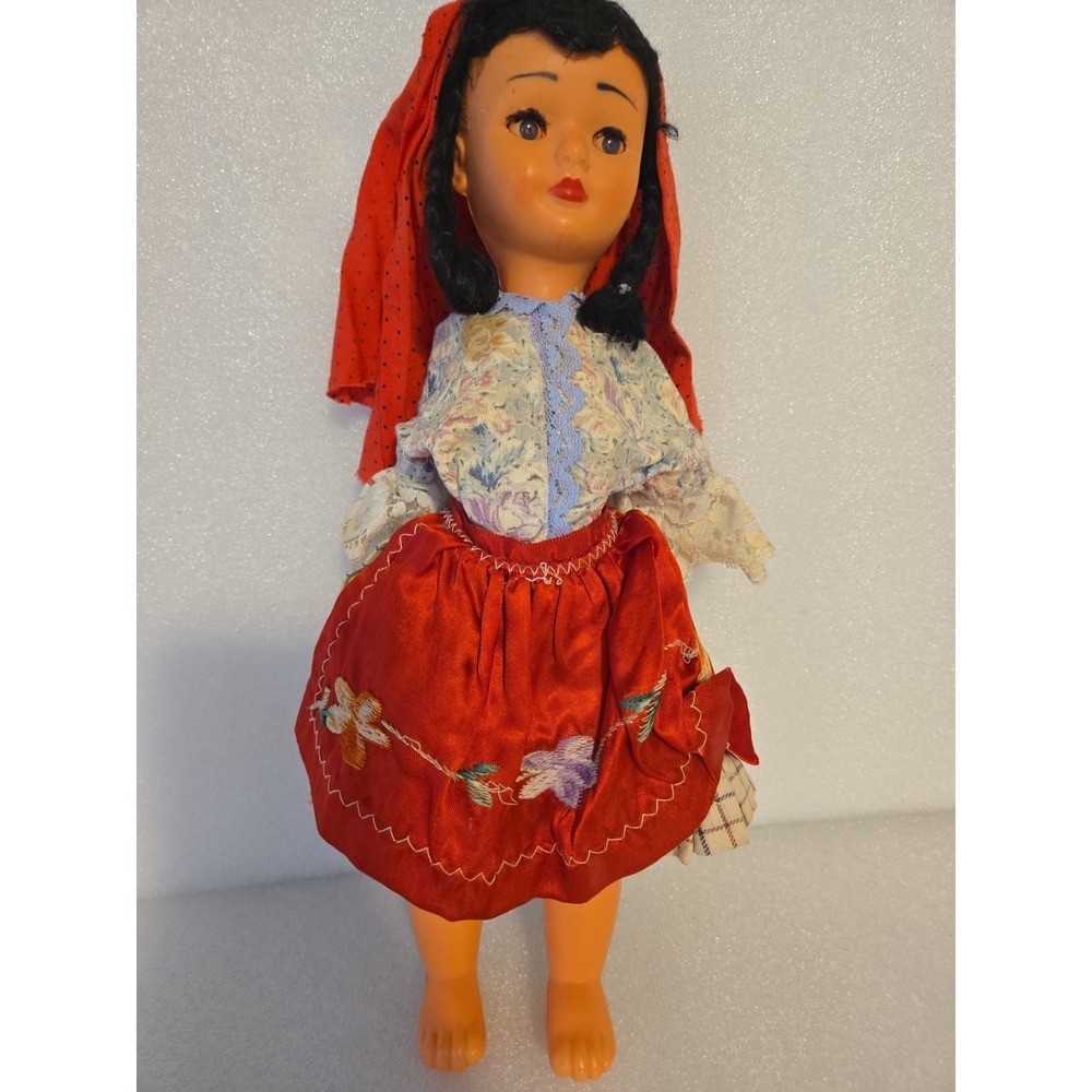 Vintage Portugal Doll with Sleepy Eyes & Folk Costume Dress 13" 1960's No Hands